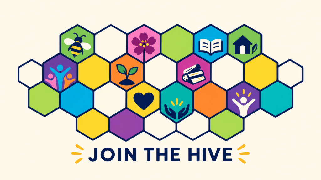 `A colourful honeycomb representing Hearth & Hive members, community care, learning and environmental stewardship.